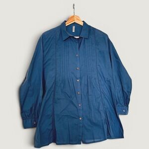 Embellish Cotton Shirt Tunic Medium Blue Pleated Front Button Down Made in India